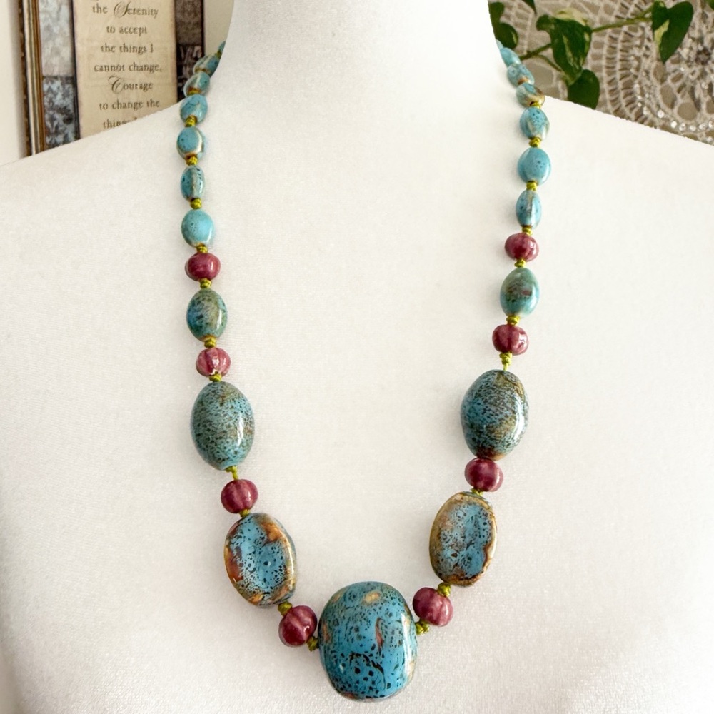 Vintage Artisan Ceramic Bead Statement Necklace Turquoise Speckled 26” Inch - Picture 3 of 15